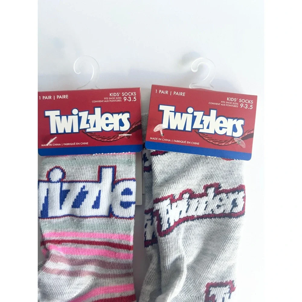 Twizzlers Kids Crew Socks 2 Pair Bundle Grey Pink Logo Candy Novelty Size 9-3.5